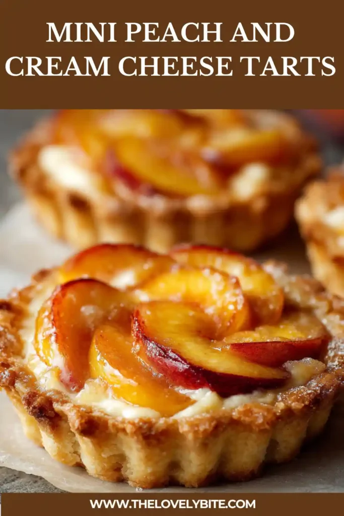 Homemade Mini Peach and Cream Cheese Tarts arranged on a cooling rack. Fresh peaches and cream cheese create a beautiful bakery-style dessert.