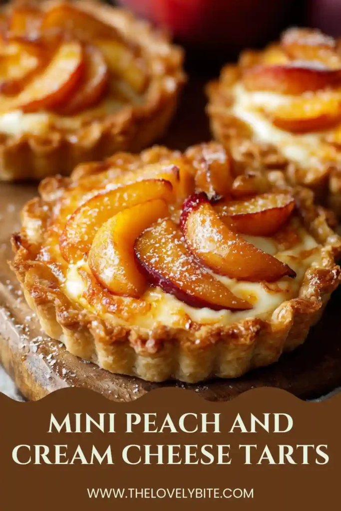 Close-up view of Mini Peach and Cream Cheese Tarts with flaky crust and cinnamon honey glaze. The peaches appear juicy and caramelized from baking.