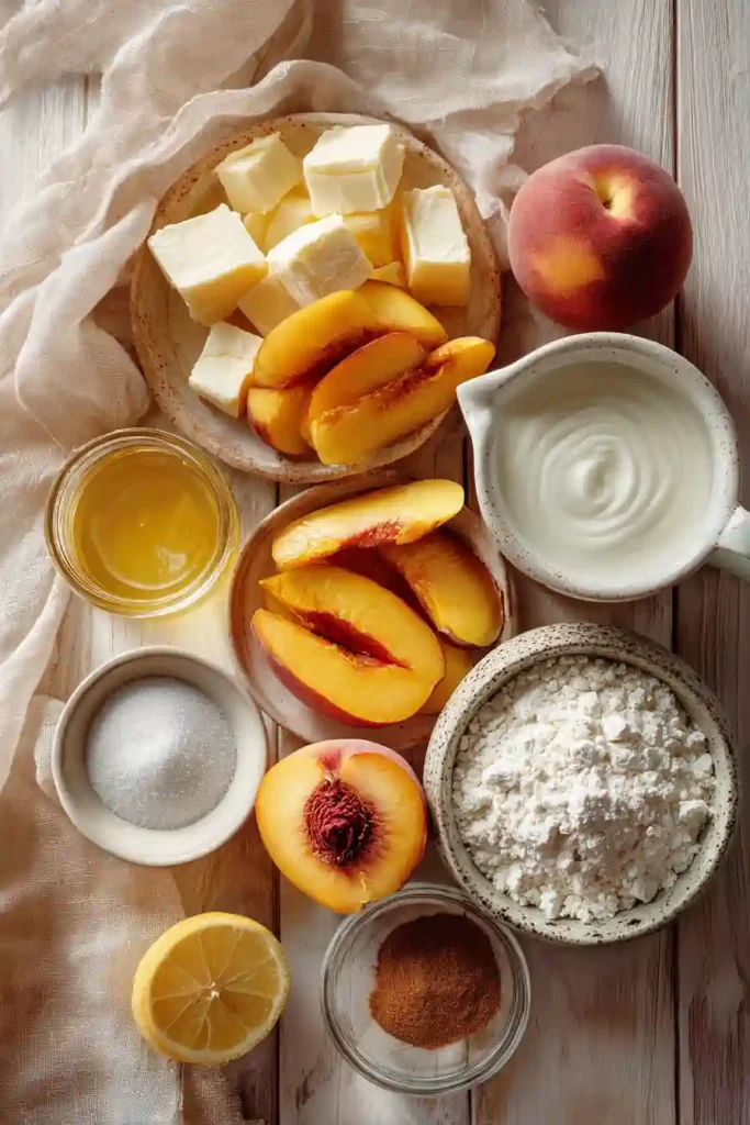Mini Peach and Cream Cheese Tarts served on a dessert plate with fresh peach slices. The pastries have a golden crust and creamy center.
