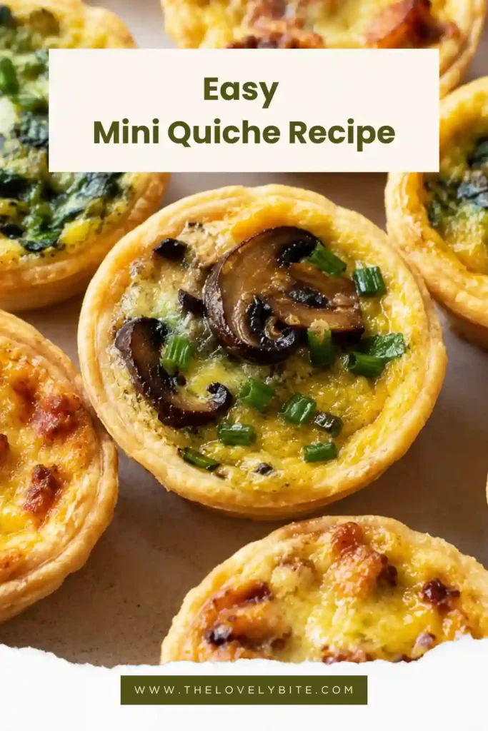 Golden mini quiches baked in flaky pastry shells with creamy egg filling and melted cheese. These bite-sized appetizers are perfect for brunch, parties, and holiday gatherings.