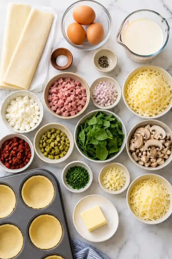 Freshly baked mini quiche recipe topped with mushrooms, spinach, and cheese. A versatile appetizer suitable for brunch, celebrations, and meal prep.