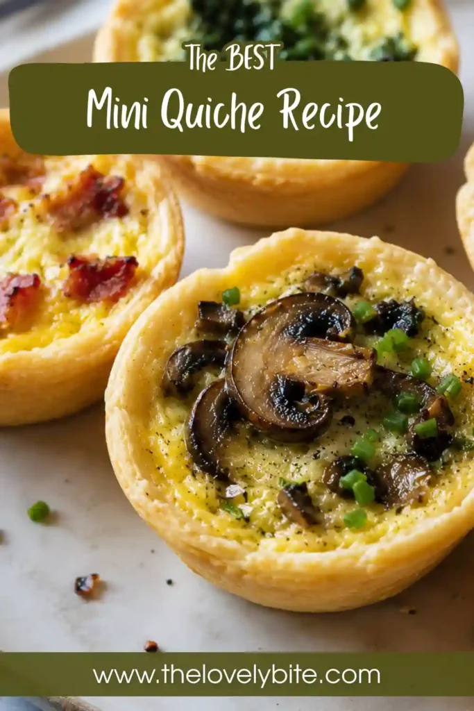 Homemade mini quiche recipe served on a platter with spinach, mushroom, turkey ham, and Mediterranean fillings. A colorful and delicious party appetizer.