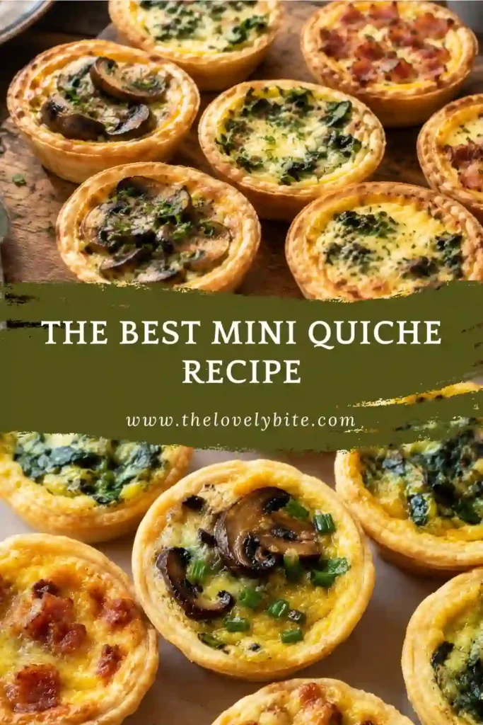 Bite-sized mini quiches with golden crusts and cheesy egg filling arranged on a serving tray. Perfect for brunch appetizers and party food.