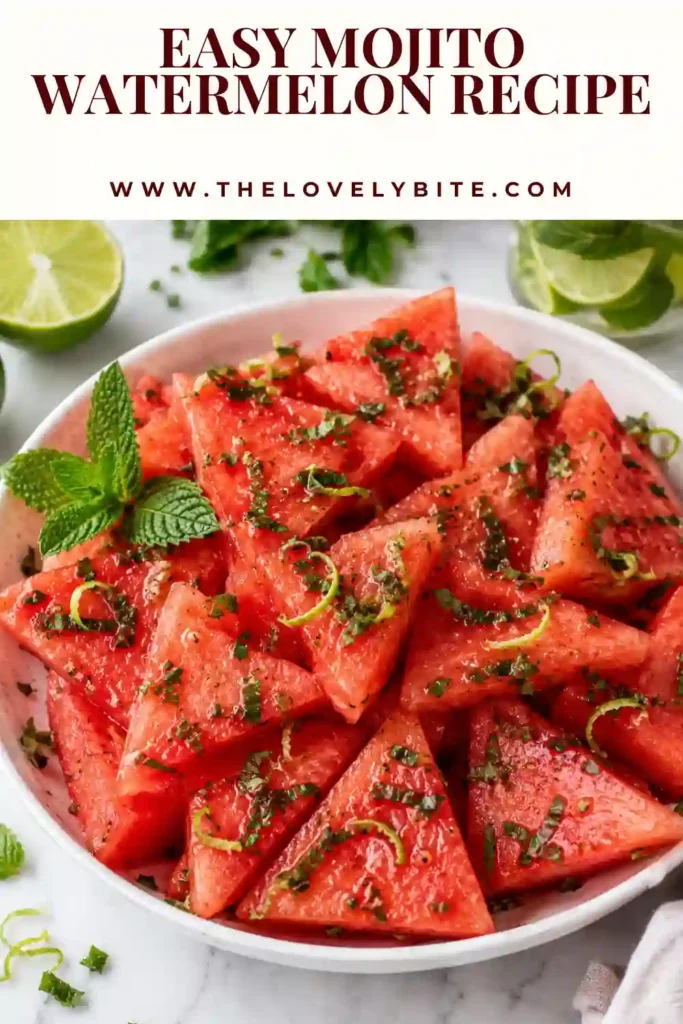 Fresh watermelon slices topped with mint leaves, lime zest, and a light citrus dressing. This Mojito Watermelon Recipe is bright, refreshing, and perfect for summer.