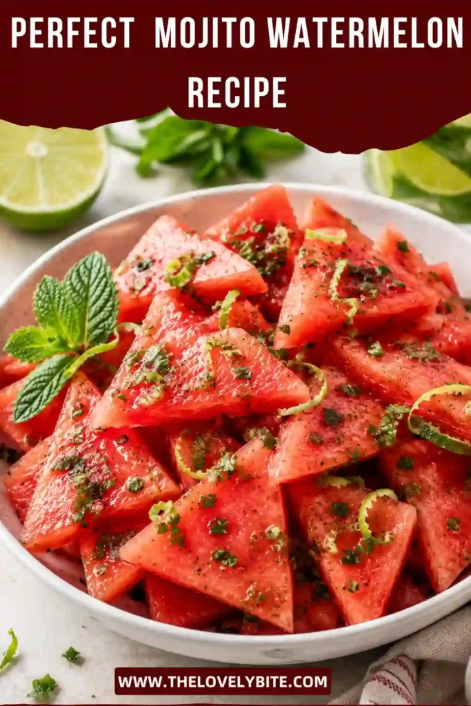 A platter of juicy watermelon garnished with fresh mint and lime zest. This watermelon mint salad offers vibrant flavors and a beautiful presentation.