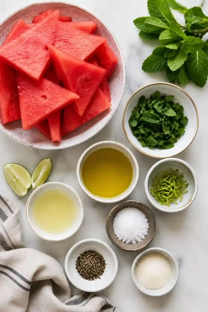 Chilled watermelon slices drizzled with lime dressing and topped with mint. A healthy and refreshing Mojito Watermelon Recipe for warm days.