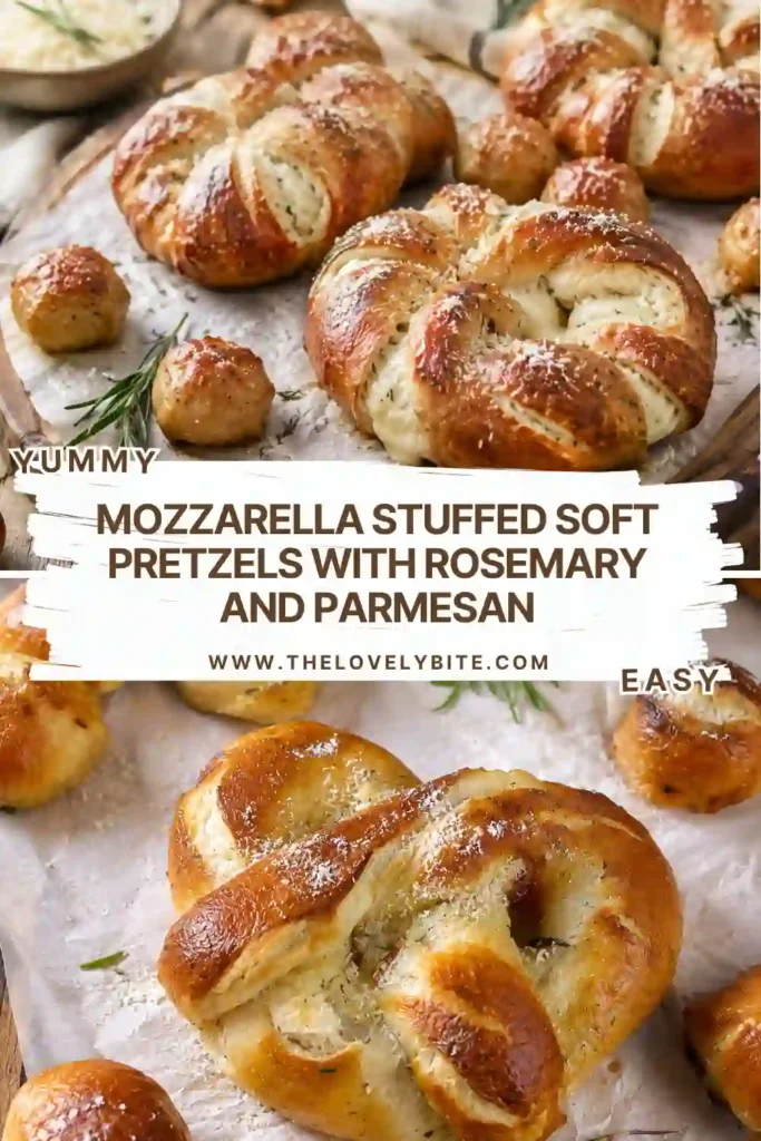 Golden brown mozzarella stuffed soft pretzels topped with grated Parmesan and fresh rosemary on a serving platter. The pretzels have a soft, chewy crust and a gooey melted cheese center.