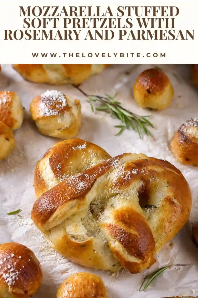 Fresh homemade soft pretzels stuffed with mozzarella cheese and sprinkled with Parmesan, rosemary, and garlic seasoning. Warm, cheesy, and freshly baked for the perfect appetizer.
