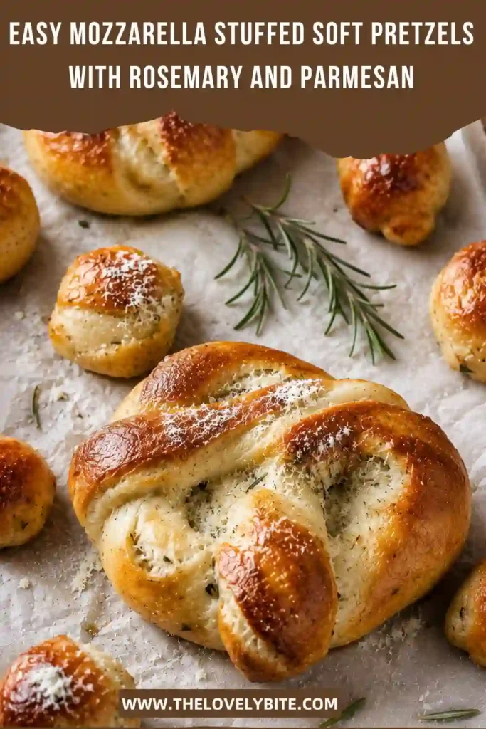 Cheesy mozzarella stuffed pretzels baked until golden and brushed with butter before being topped with fresh herbs and Parmesan cheese. Perfect for sharing with family and friends.
