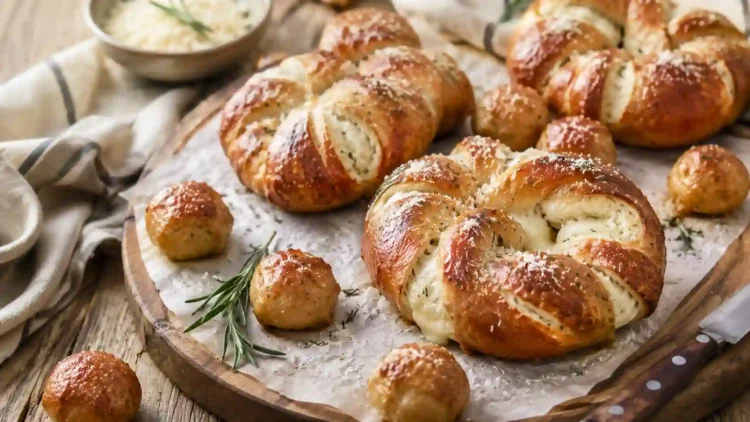 Mozzarella Stuffed Soft Pretzels with Rosemary and Parmesan