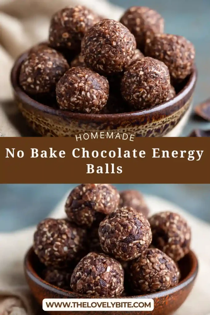 A plate of No Bake Chocolate Energy Balls made with oats, cocoa powder, almonds, and dates. These healthy chocolate energy bites have a rich texture and natural sweetness.