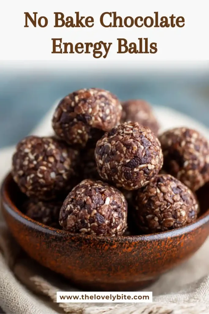 Homemade No Bake Chocolate Energy Balls arranged on a serving tray. The healthy snack features oats, flaxseed, cocoa, and Medjool dates.