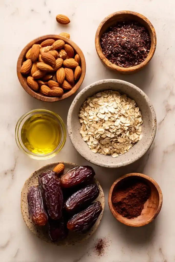Healthy No Bake Chocolate Energy Balls prepared with rolled oats, dates, almonds, and cocoa powder. A simple meal-prep snack perfect for busy days.