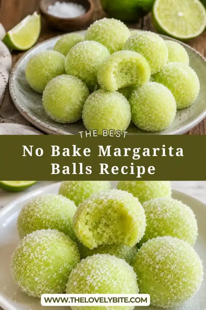 Homemade No Bake Margarita Balls arranged on a serving platter with fresh lime slices. The creamy no-bake dessert features bright citrus flavor and a sweet sugar coating.