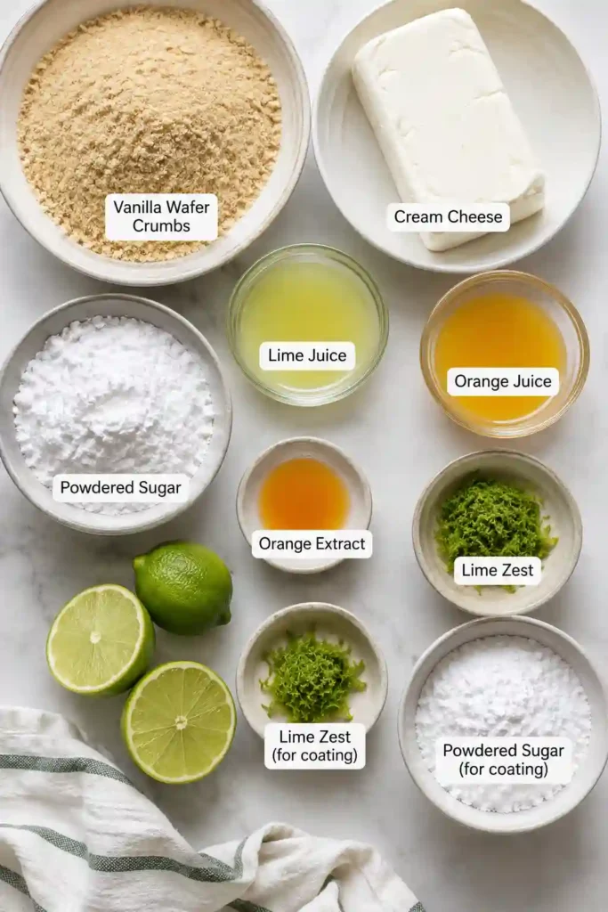 Freshly prepared No Bake Margarita Balls served on a decorative plate with lime wedges. These creamy citrus dessert bites make an ideal make-ahead party treat.
