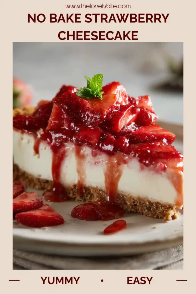 Homemade No Bake Strawberry Cheesecake served on a dessert plate with strawberry topping.