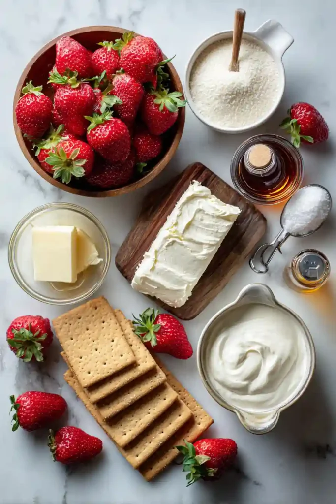 Fresh strawberry cheesecake featuring a buttery graham cracker crust and creamy filling.