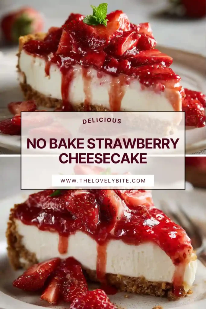 Creamy strawberry cheesecake with a pink filling and fresh berry garnish.
