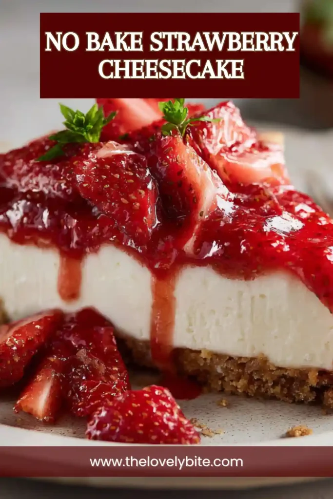 No Bake Strawberry Cheesecake topped with fresh strawberries on a graham cracker crust.