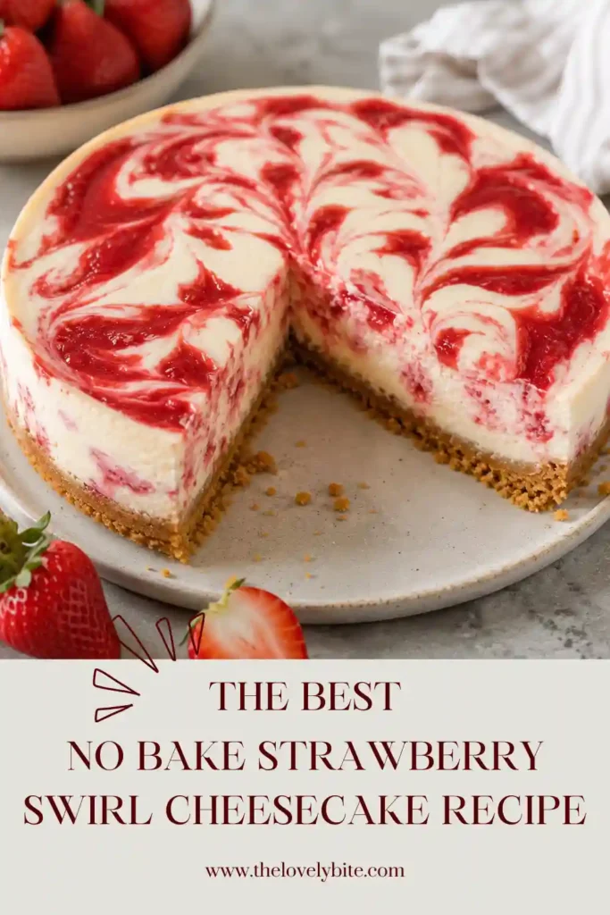 A creamy no bake strawberry swirl cheesecake topped with fresh diced strawberries. The marbled strawberry pattern creates an elegant presentation perfect for summer gatherings.