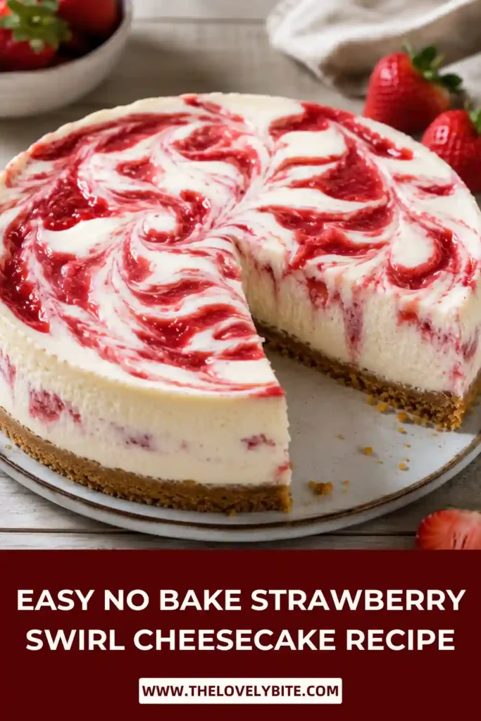 A sliced strawberry swirl cheesecake showing rich layers and a smooth, velvety texture. Fresh strawberries decorate the top for a beautiful homemade dessert.