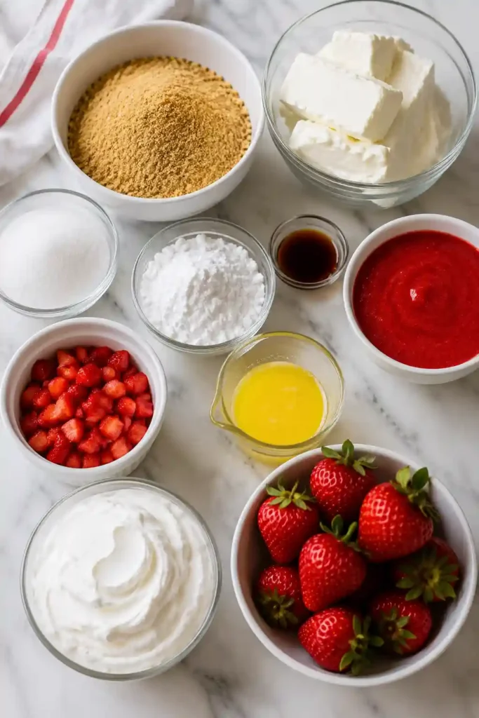 A chilled no bake strawberry swirl cheesecake garnished with diced strawberries and sliced into neat portions. The marbled strawberry design creates a visually stunning dessert.