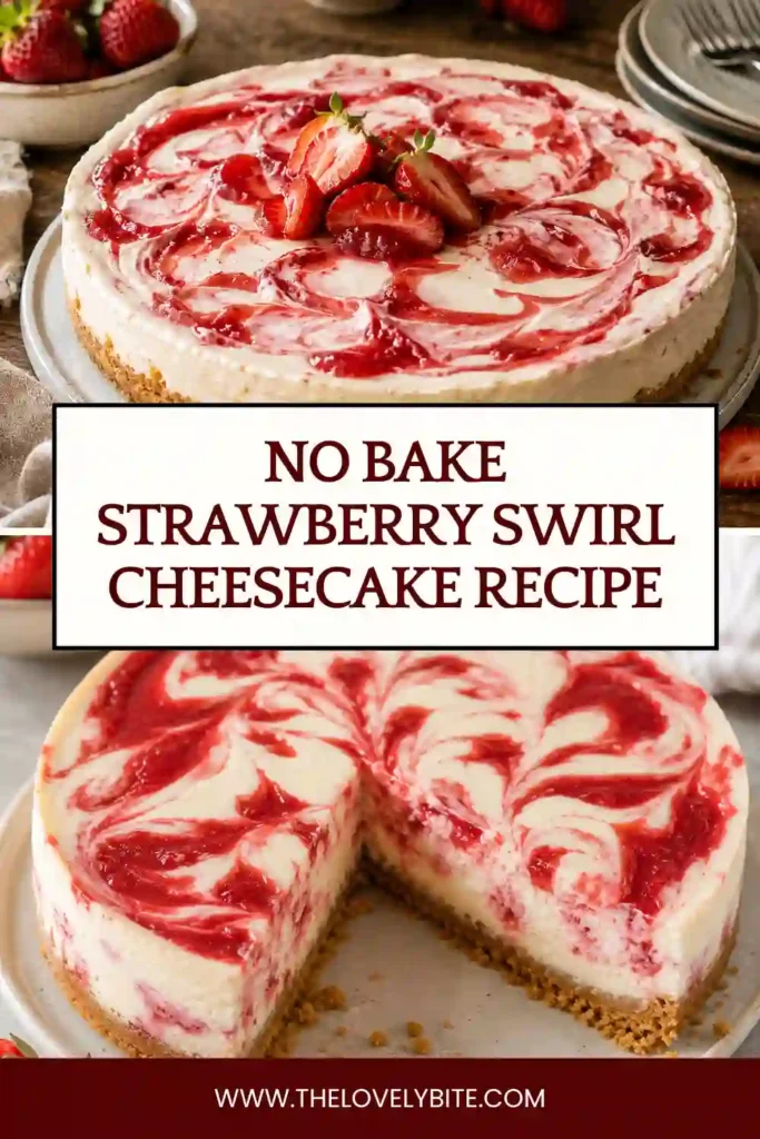 Homemade no bake cheesecake with strawberry swirls served on a dessert plate. The cheesecake has a buttery graham cracker crust and a fluffy filling.