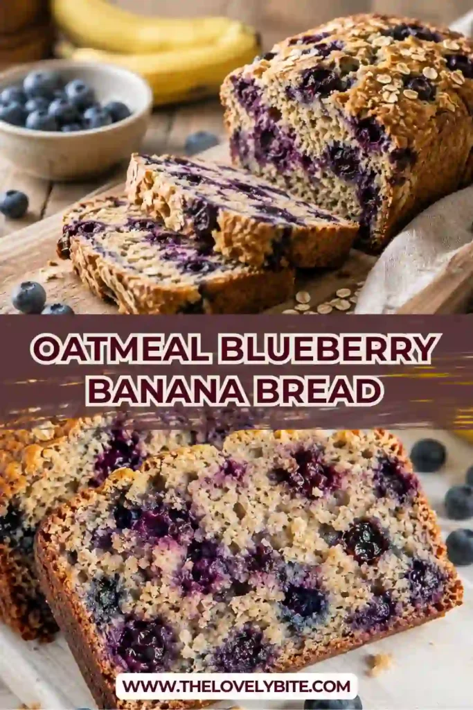 Fresh slices of Oatmeal Blueberry Banana Bread on a wooden board, showing juicy blueberries throughout the soft, moist crumb. A wholesome homemade breakfast loaf made with oat flour and ripe bananas.