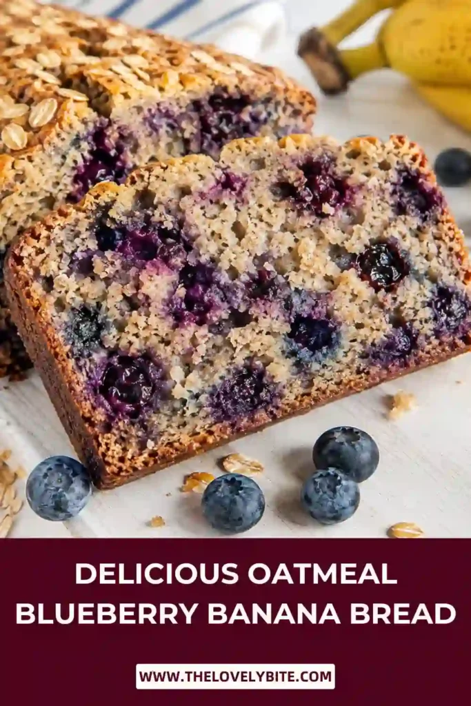 Close-up of moist blueberry banana bread made with oat flour, featuring ripe bananas and bursts of fresh blueberries in every slice. A healthy homemade quick bread.