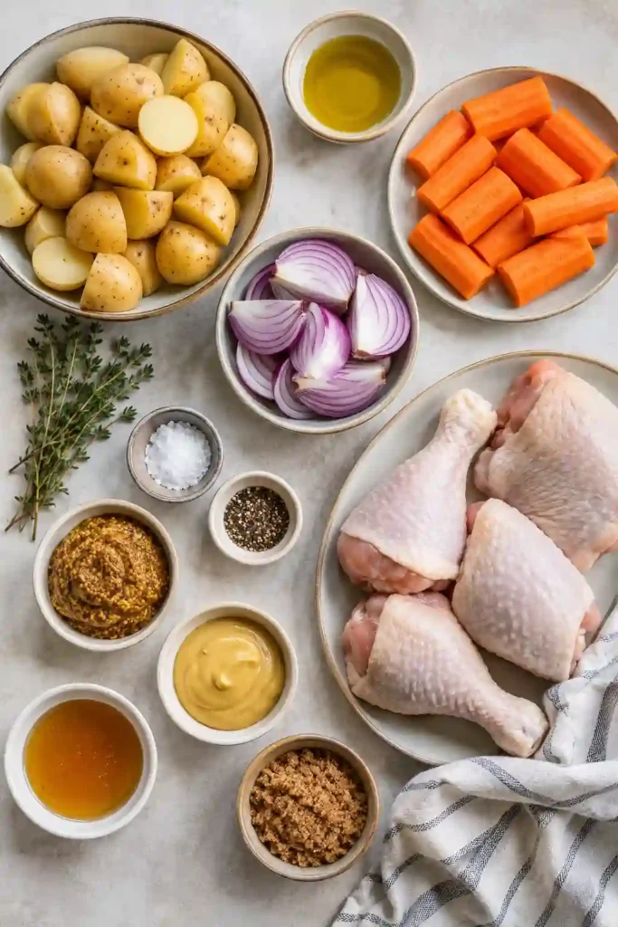 Freshly baked honey mustard chicken served with roasted Yukon gold potatoes, carrots, and onions. The sweet and tangy glaze creates a flavorful sheet pan dinner everyone will enjoy.