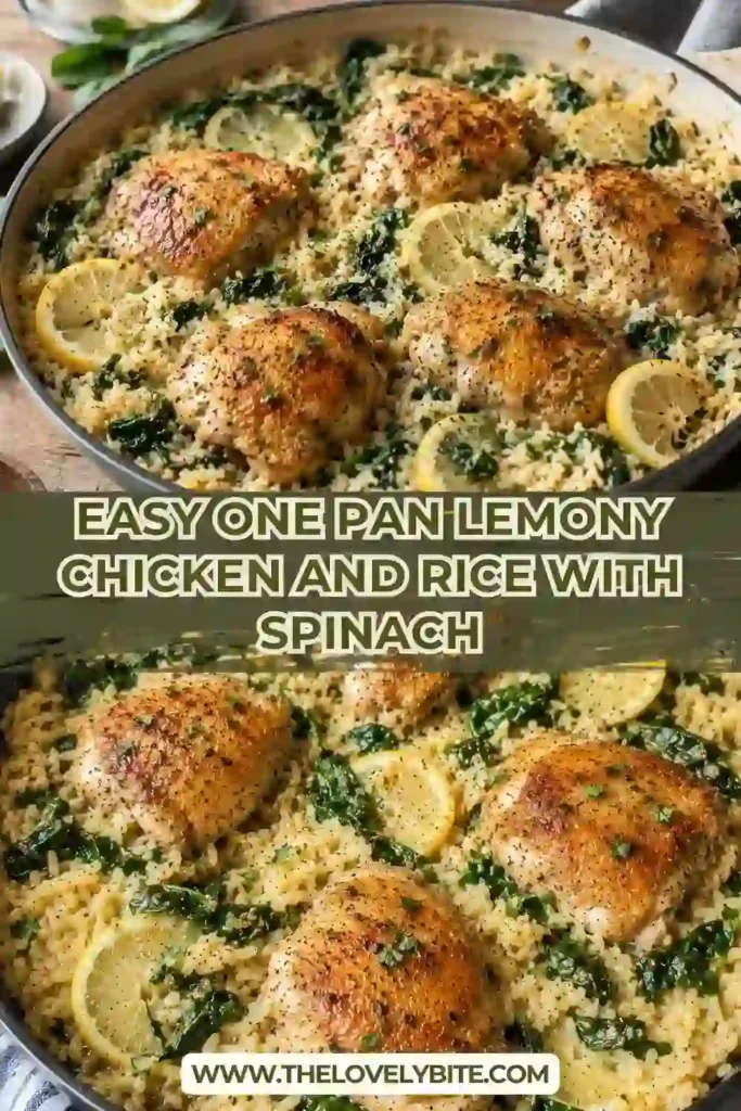 A skillet filled with lemon herb chicken, tender rice, wilted spinach, and fresh lemon slices. The dish is colorful, hearty, and family-friendly.