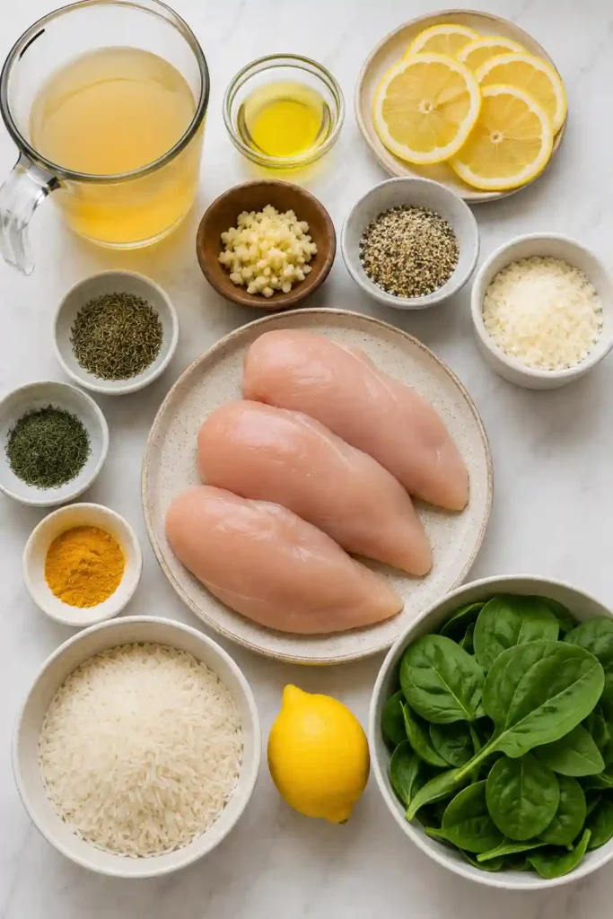 Golden seared chicken breasts cooked with fluffy basmati rice and fresh spinach in a skillet. This One Pan Lemony Chicken and Rice with Spinach is a vibrant and easy weeknight dinner.