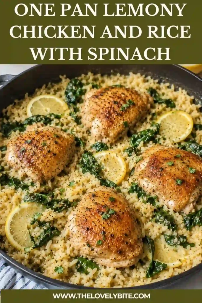 Close-up of One Pan Lemony Chicken and Rice with Spinach garnished with lemon wedges and Parmesan cheese. A healthy and flavorful chicken and rice meal.