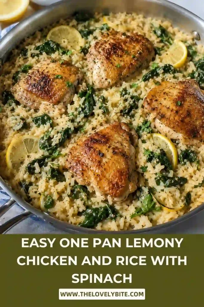 Fresh spinach folded into seasoned rice and juicy chicken in a one-pan dinner recipe. Bright lemon flavors make this meal both comforting and refreshing.