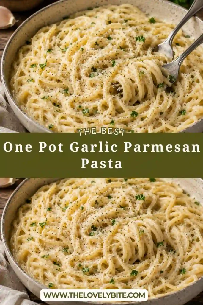 A bowl of One Pot Garlic Parmesan Pasta topped with freshly chopped parsley and grated parmesan cheese. The creamy garlic sauce coats every strand of angel hair pasta beautifully.