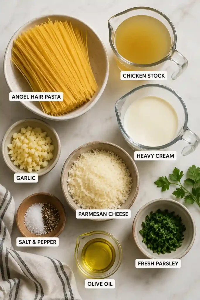 Freshly prepared One Pot Garlic Parmesan Pasta in a skillet garnished with parsley. The creamy parmesan sauce creates a delicious weeknight dinner.