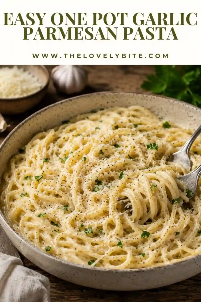 Creamy One Pot Garlic Parmesan Pasta served warm in a white bowl. Fresh parsley and parmesan create a flavorful and comforting pasta dinner.