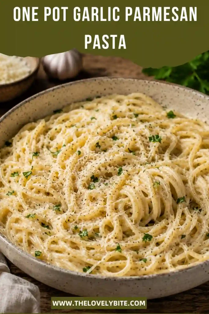 Close-up view of garlic parmesan angel hair pasta with a rich creamy texture. This easy one pot pasta recipe is perfect for quick family meals.