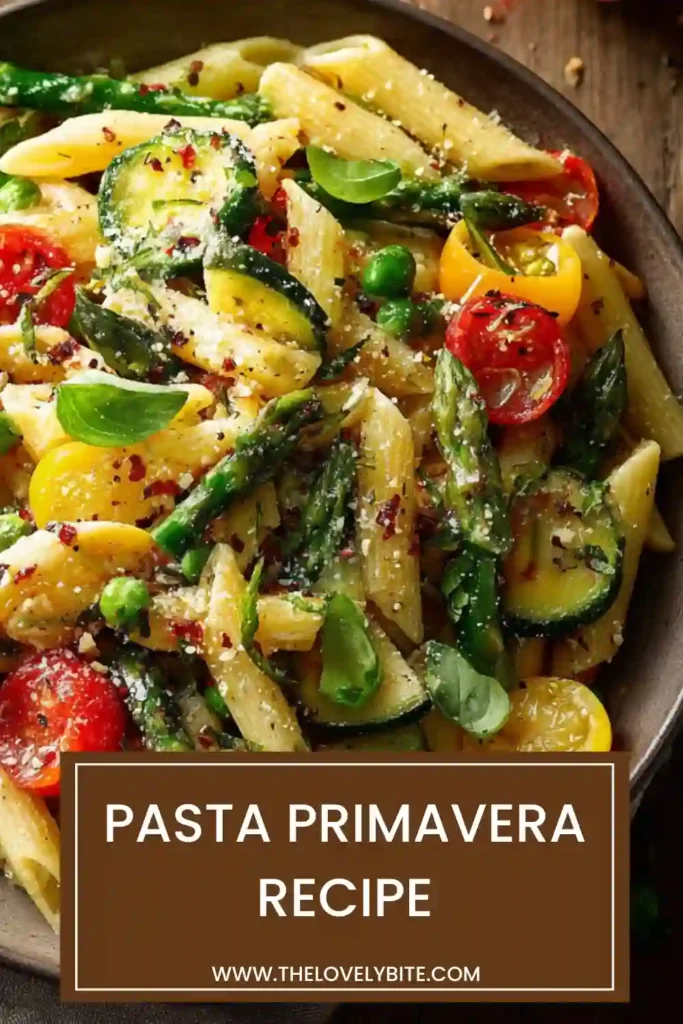 A bowl of Pasta Primavera filled with penne pasta, asparagus, zucchini, squash, peas, and cherry tomatoes. Fresh basil and pecorino cheese create a colorful and flavorful vegetable pasta dish.