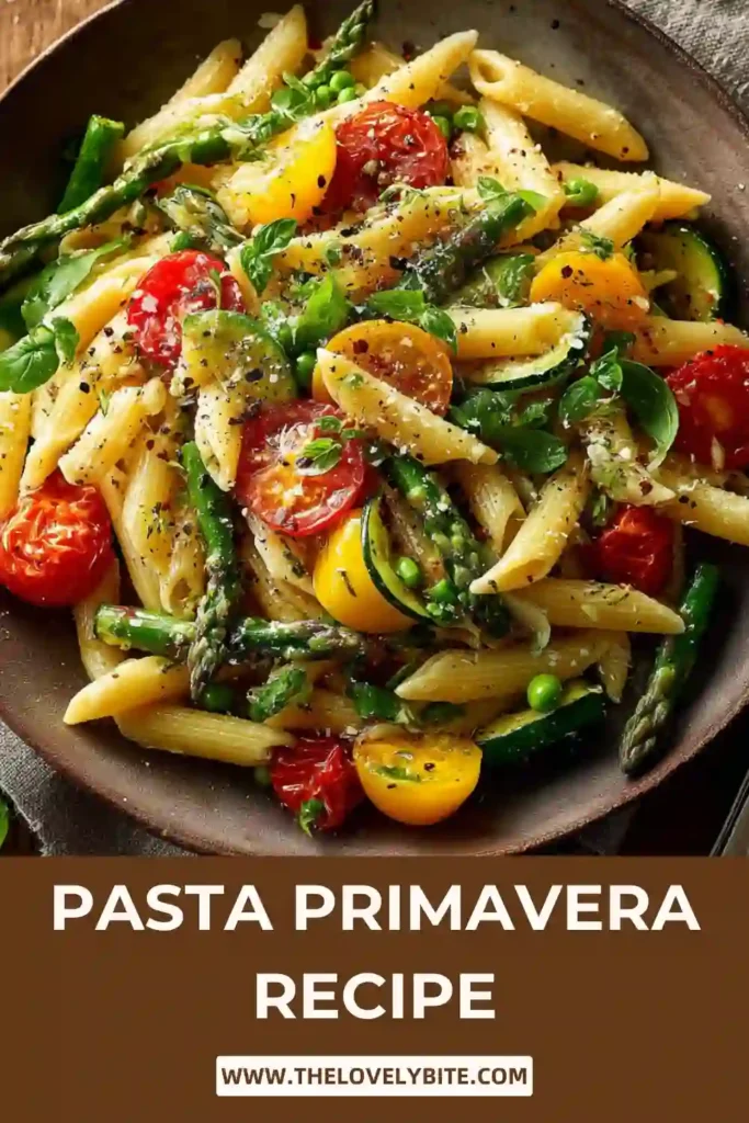 This Pasta Primavera Recipe features penne pasta combined with fresh asparagus, cherry tomatoes, peas, and zucchini. Finished with pecorino cheese and basil, it makes a light and satisfying meal.
