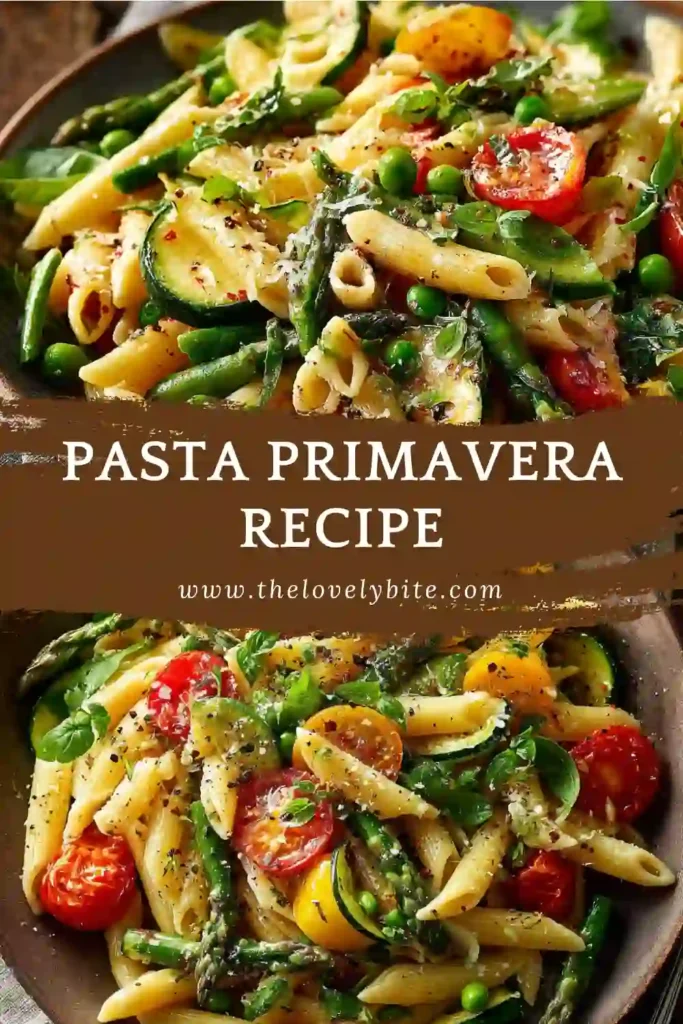 A close-up view of Pasta Primavera served with fresh basil leaves and grated pecorino cheese. Seasonal vegetables add texture, color, and freshness to this Italian-inspired pasta recipe.