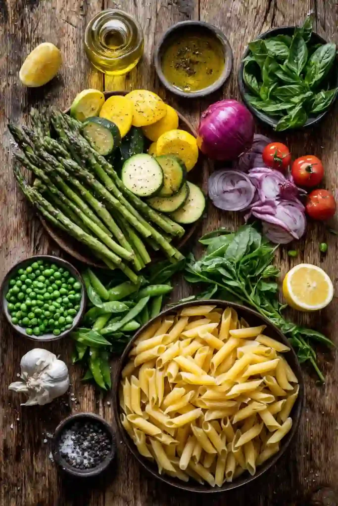 Colorful Pasta Primavera made with zucchini, squash, asparagus, tomatoes, peas, and penne pasta. Garnished with fresh herbs and cheese for a bright and flavorful presentation.