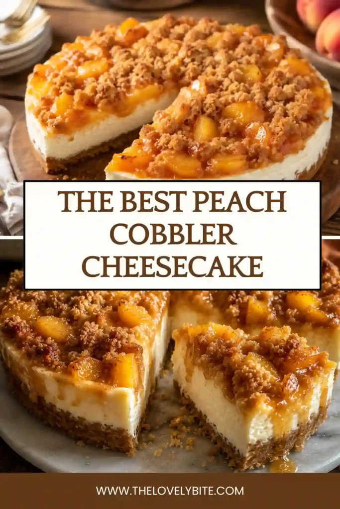 A slice of Peach Cobbler Cheesecake topped with roasted peaches and cinnamon crumble. The creamy cheesecake filling sits on a buttery graham cracker crust.