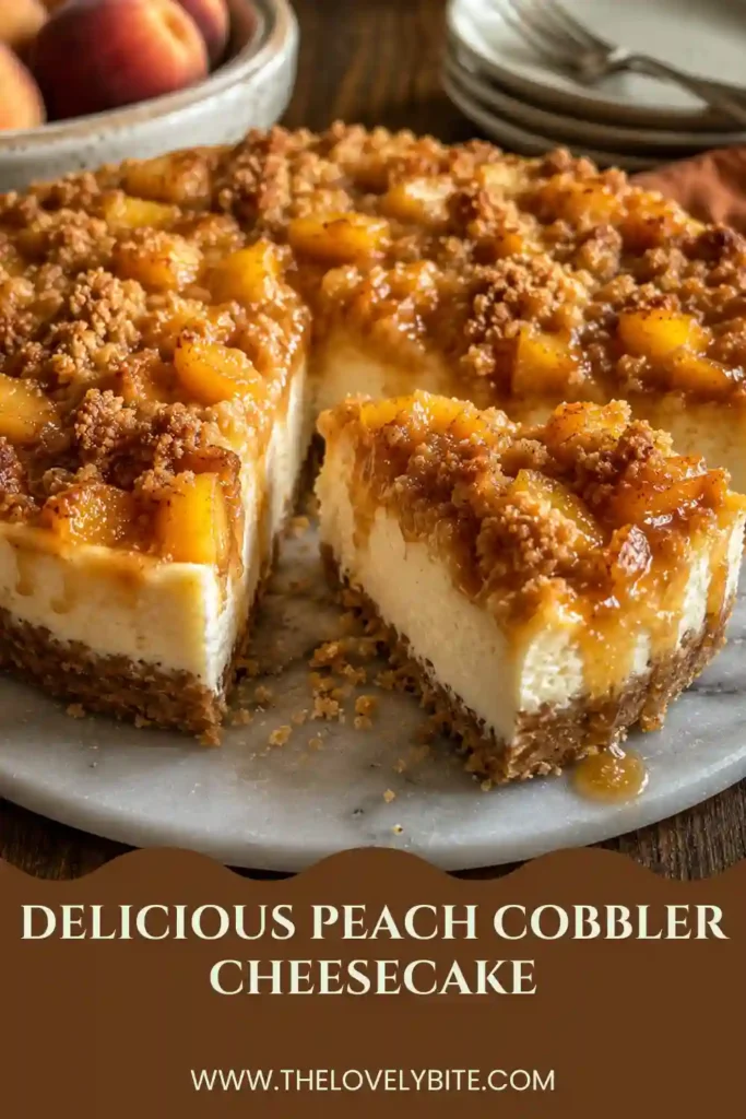 Homemade Peach Cobbler Cheesecake served on a dessert plate with layers of cheesecake, peaches, and crumble topping. Perfect for summer entertaining.