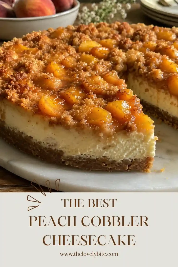 Rich Peach Cobbler Cheesecake featuring roasted peaches and a crunchy cinnamon streusel topping. A beautiful baked dessert for special occasions.