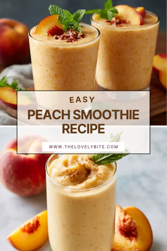 A creamy peach smoothie served in a glass and topped with fresh peach slices. This healthy peach smoothie is made with frozen peaches, banana, yogurt, and almond milk.