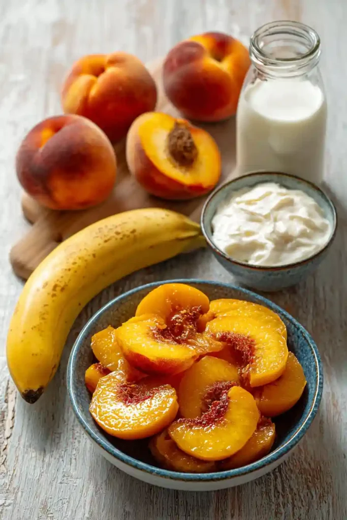 Thick and creamy peach yogurt smoothie garnished with fresh peaches. A nutritious and delicious smoothie recipe ready in minutes.