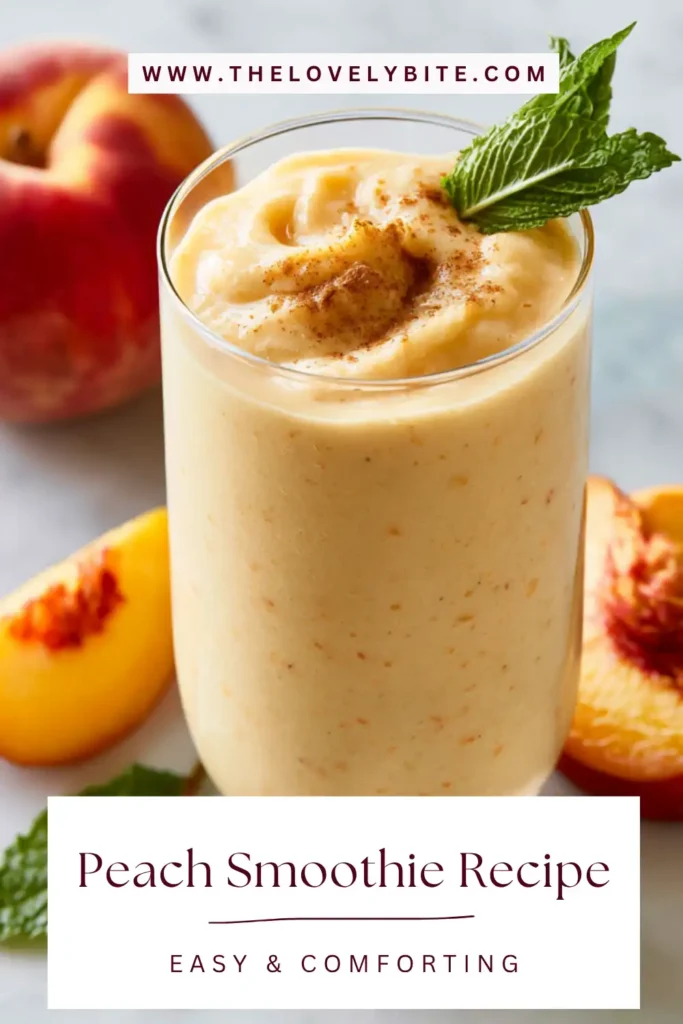 Healthy peach smoothie made with frozen peaches and almond milk in a clear serving glass. The creamy drink is perfect for breakfast or a refreshing snack.