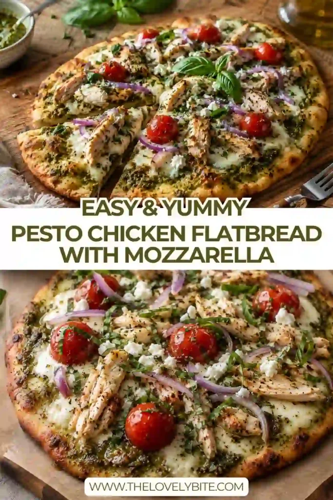 Freshly baked Pesto Chicken Flatbread topped with melted mozzarella cheese, basil pesto, cherry tomatoes, and tender chicken. The golden naan crust creates a delicious and easy weeknight meal.