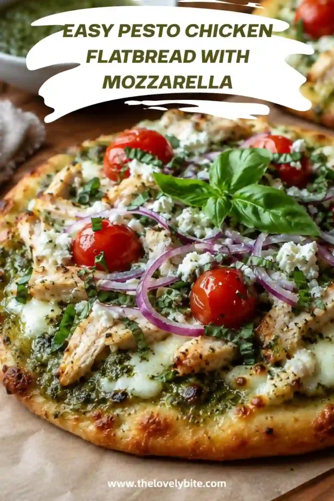 Golden naan flatbread topped with pesto chicken, melted cheese, and fresh tomatoes. This quick Italian-inspired recipe is perfect for dinner or entertaining.